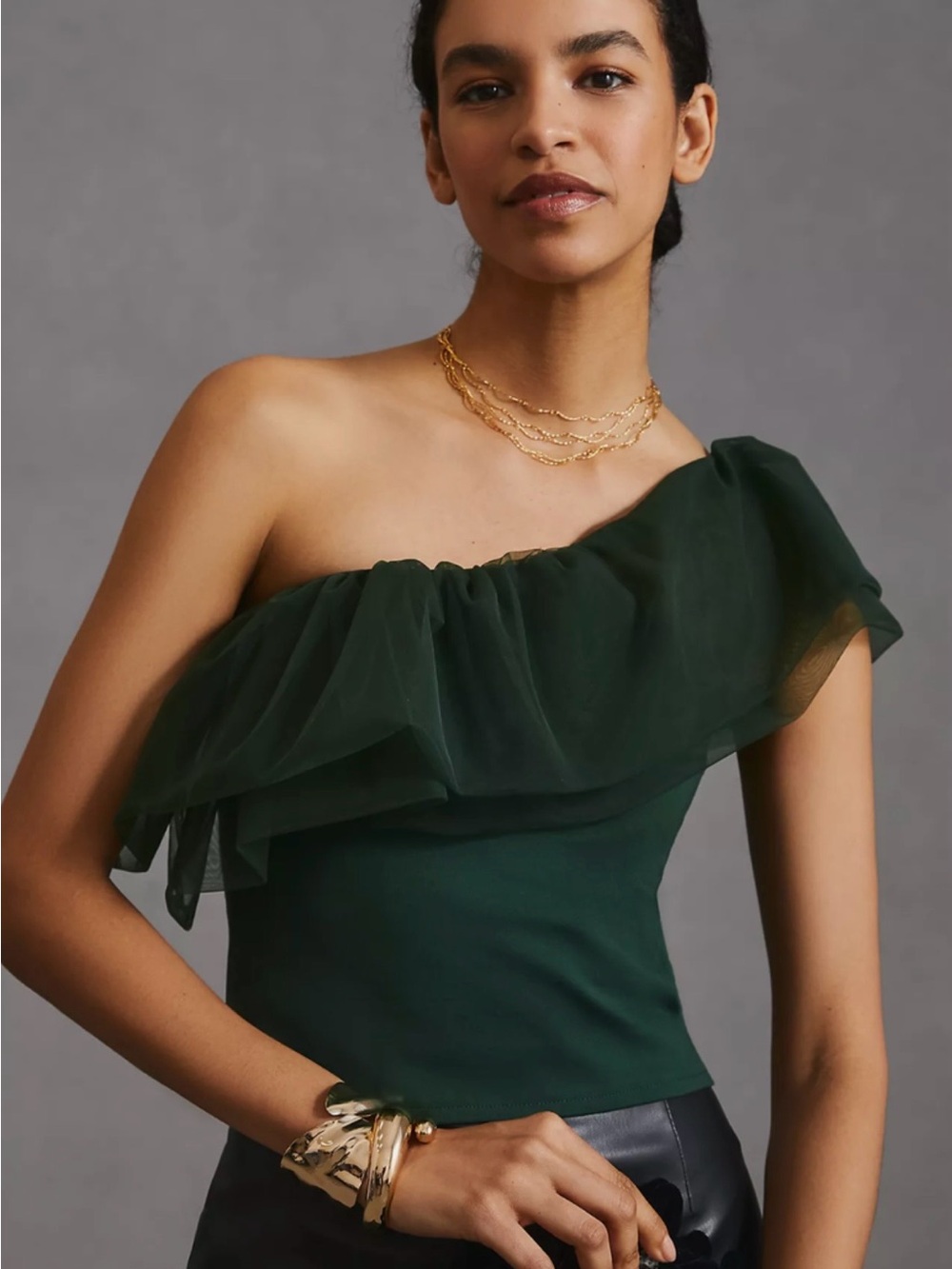 NWT Anthropologie Sunday in Brooklyn Forest Green One-Shoulder Ruffle Blouse